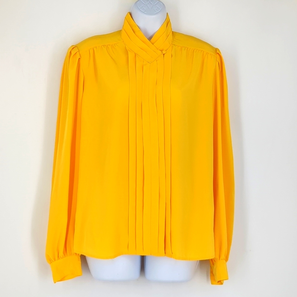 Vintage 90’s Satin Shiny Shimmery Satin Yellow Blouse High Neck Pleat Front 12